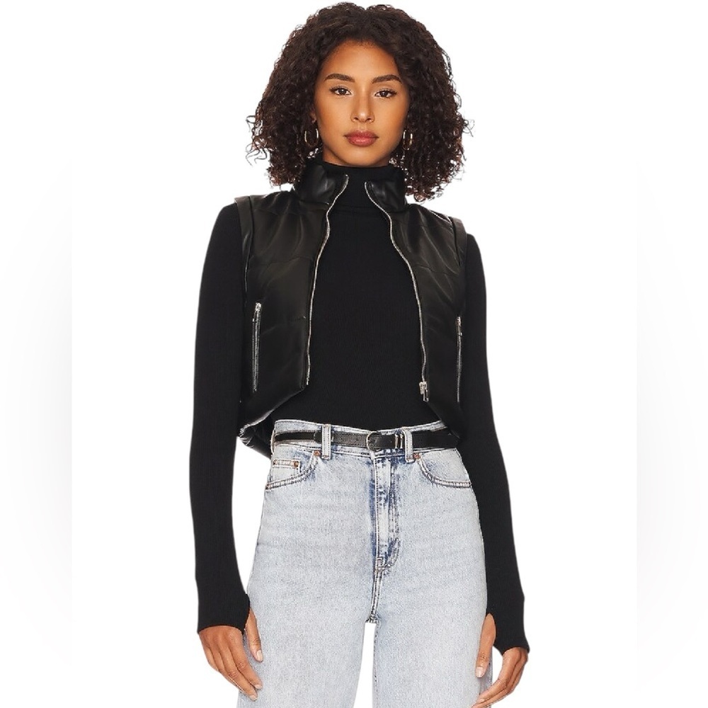 SuperDown x Revolve - Katana Black Faux Leather Cropped Puffer Vest Sz L